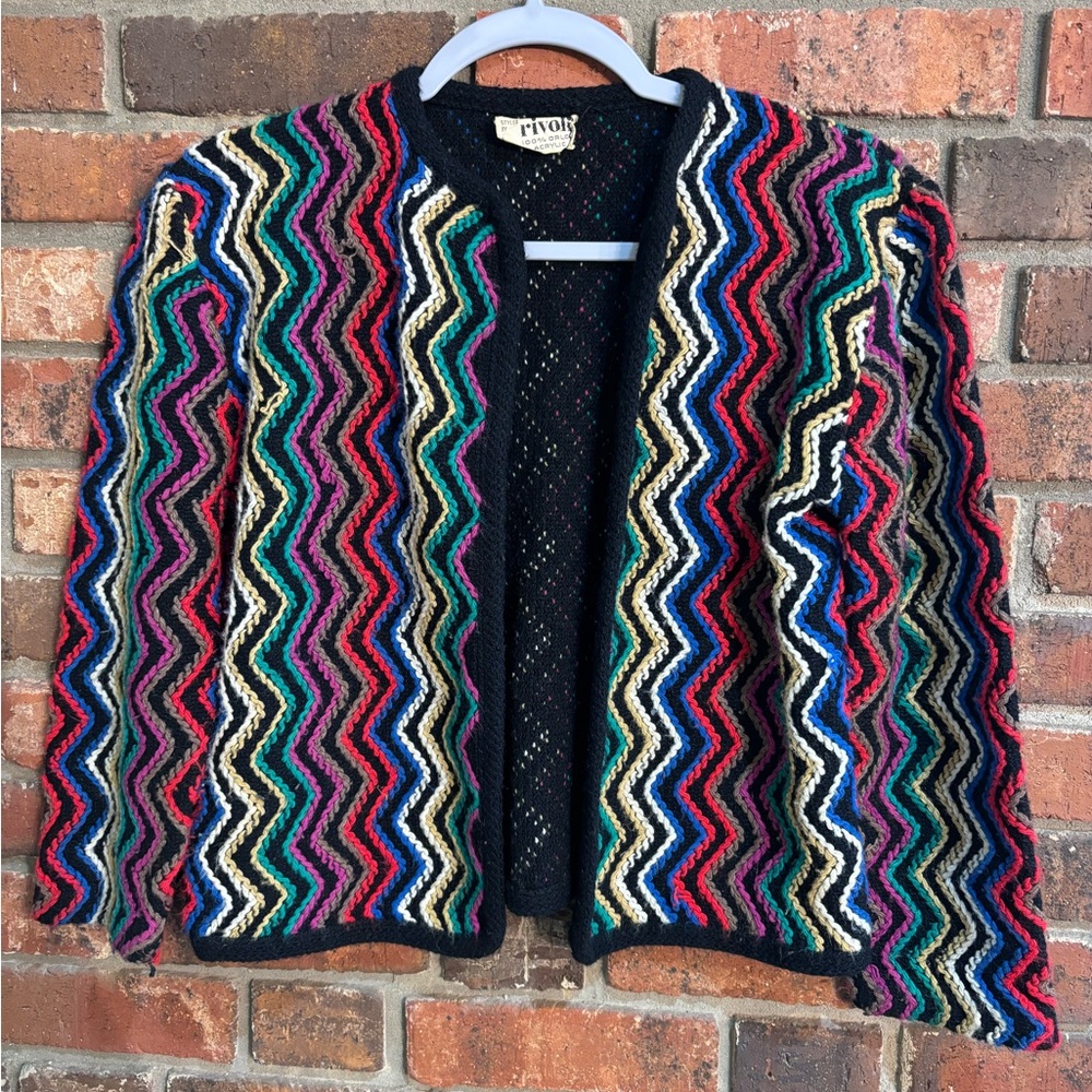 Rivoli womens vintage rainbow zigzag no buttons cardigan sweater jacket multi